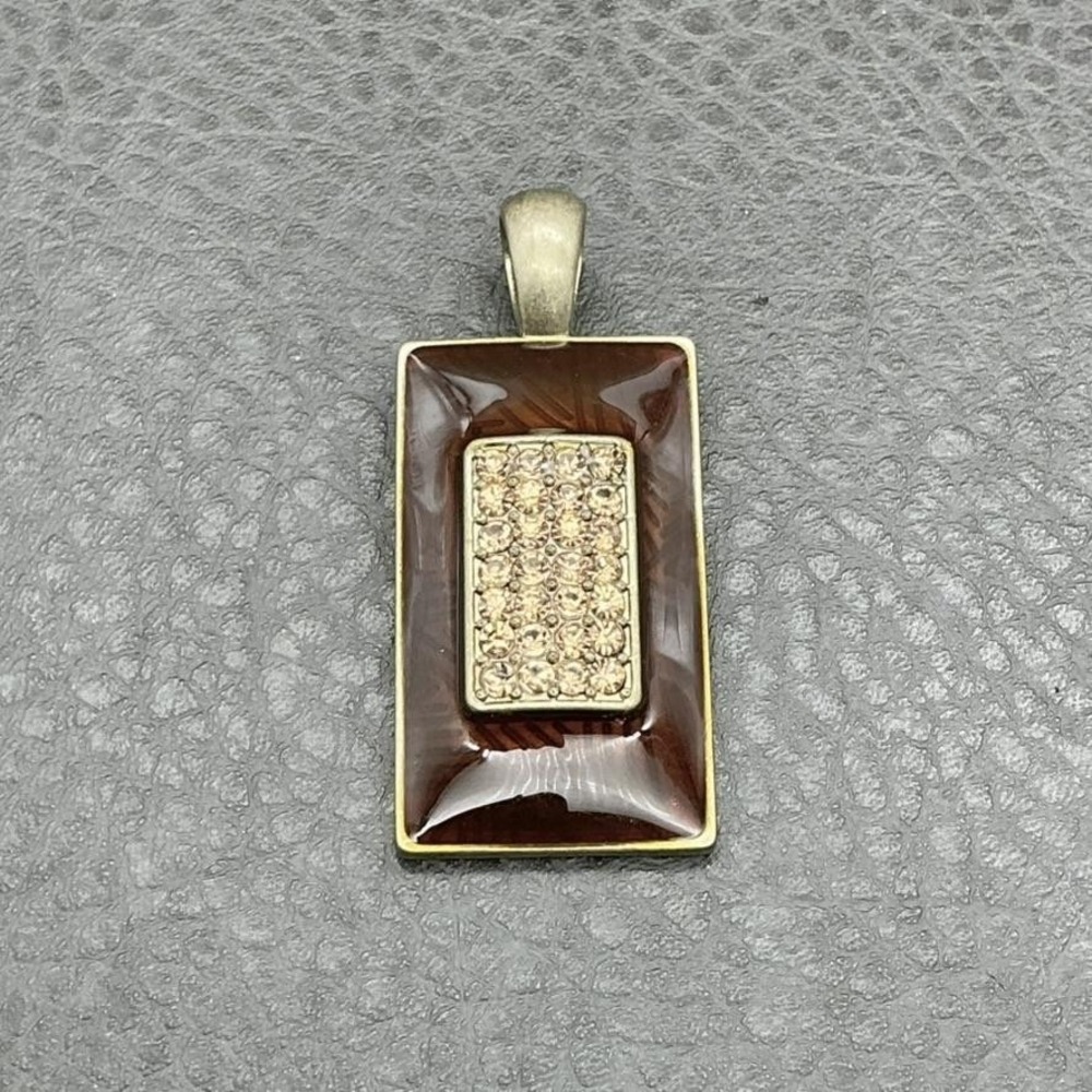 Lia Sophia Rectangle‎ Pendant Brown Enamel Pave Rhinestone Two-Tone Large Charm